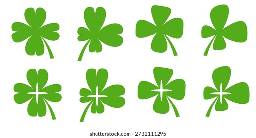 Ilustración de un trébol verde de cuatro hojas sobre un fondo blanco.
Conjunto de cuatro iconos de trébol de hoja en estilo plano. trébol de cuatro hojas