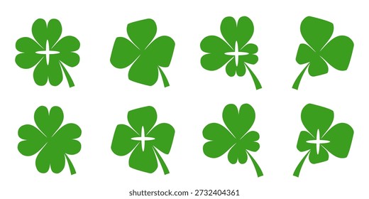 Ilustração de um trevo verde de quatro folhas em um fundo branco.
Conjunto de ícones de trevo de quatro folhas em estilo plano. trevo de quatro folhas.