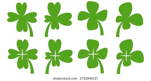 Ilustración de un trébol verde de cuatro hojas sobre un fondo blanco.
Conjunto de cuatro iconos de trébol de hoja en estilo plano. trébol de cuatro hojas.