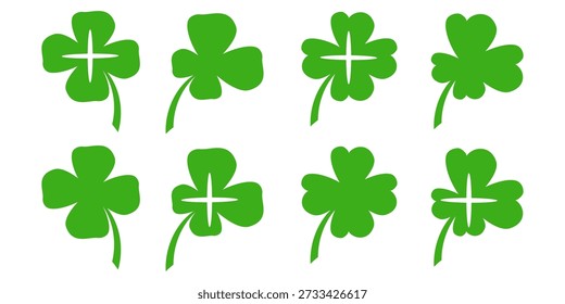 Ilustração de um trevo verde de quatro folhas em um fundo branco.
Conjunto de ícones de trevo de quatro folhas em estilo plano. trevo de quatro folhas.