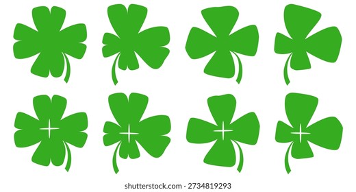 Ilustração de um trevo verde de quatro folhas em um fundo branco.
Conjunto de ícones de trevo de quatro folhas em estilo plano. trevo de quatro folhas.