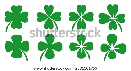 illustration of a four leaf green clover on a white background.
Set of four leaf clover icons in flat style. four leaf clover.