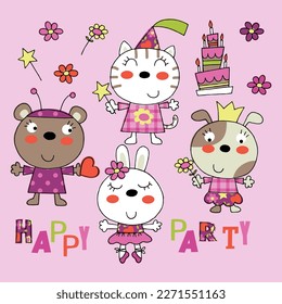  Illustration of four little animals dressed up for a birthday party girl, a princess cat, a ballerina rabbit, a queen dog and a fairy bear, birthday party drawing
