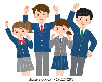 
Illustration of four male and female students in uniforms doing guts poses