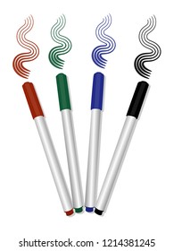 Illustration of four markers with primary colors: red, green, blue, black. Markers on a white background with a stroke in the form of a line. For drawing on the board, for highlighting in the text.