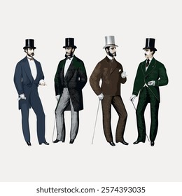 Illustration of four men in vintage suits and top hats, each holding a cane. The men are dressed in formal attire, showcasing classic fashion styles. Vintage art drawing, isolated vector element.