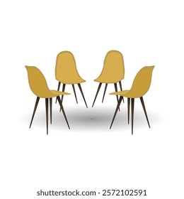 Illustration of four modern yellow chairs on white background. Office interior furniture, kitchen, or dining area. Vector Not AI generated