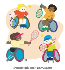 Illustration of four multinational people enjoying wheelchair tennis
