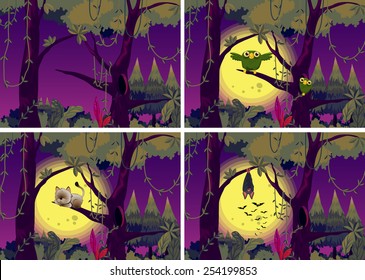 Illustration of four night scenes of the forests