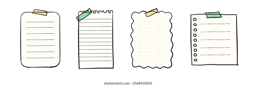 Illustration of four note papers with different edges and taped corners. Note papers include lined, dotted, and wavy edges. Taped note papers in a simple style. Memo element vector set.