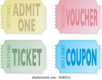 Illustration of four old fashioned tickets that could be used for entry