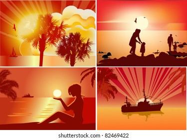 Illustration mit vier orangefarbenen Sommersonnenuntergangskompositionen