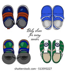 Illustration of four pairs of baby shoes for all seasons	

