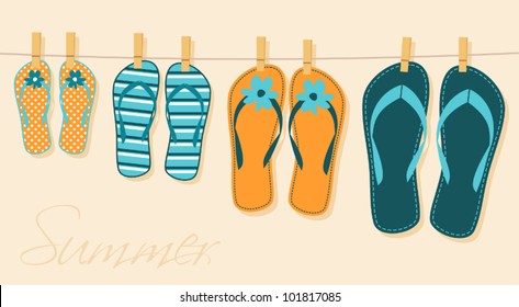 Illustration of four pairs of flip-flops. Family summer vacation concept.