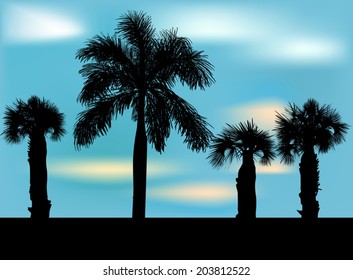 illustration with four palm tree silhouettes on blue sky background