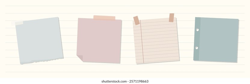 Illustration of four paper notes: blue, pink, lined, and green. Sticky notes, lined paper, and colorful notes. Paper notes for reminders and messages. Memo element vector set.