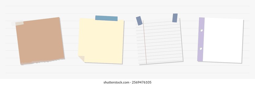 Illustration of four paper notes: brown sticky note, yellow sticky note, lined paper, and white notebook paper. Sticky notes and paper for reminders. Memo element vector set.