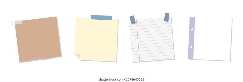 Illustration of four paper notes: brown sticky note, yellow sticky note, lined paper, and white notebook page. Sticky notes and paper for reminders and notes. Memo element vector set.