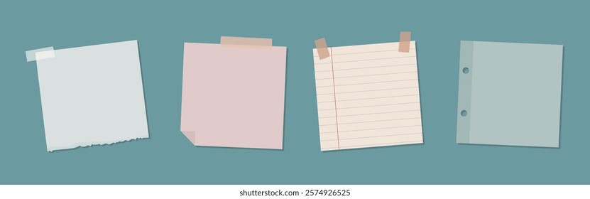 Illustration of four paper notes: plain, pink, lined, and hole-punched. Sticky notes and paper variety on a teal background. Paper notes and sticky notes. Memo element vector set.