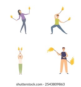 Illustration of four people with different poses practicing fire juggling, isolated on white