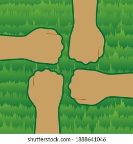 Illustration of four people putting their fists together. An illustration of a lawn is placed in the background. I imagined the unity of the team. Created with vector data.