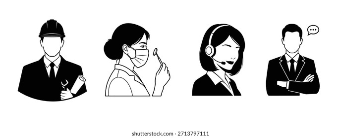 Ilustração de quatro pessoas que representam diferentes profissões e ambientes de trabalho