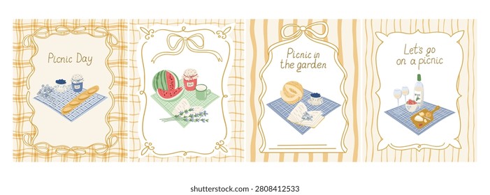 Illustration of four picnic-themed panels featuring food items, drinks, and picnic accessories with decorative borders and playful text elements in a light color scheme