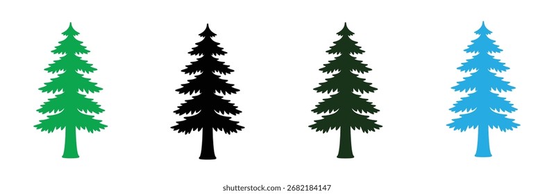 Illustration of four pine trees in green, black, dark green, and blue, , showcasing a simple design with a classic christmas tree shape and evergreen foliage