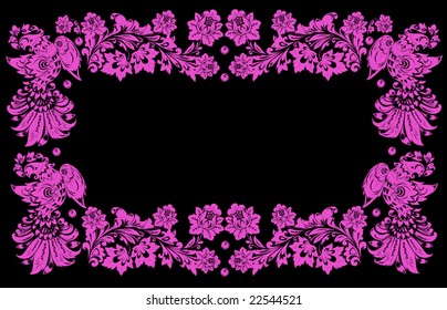 illustration with four pink birds frame on black
