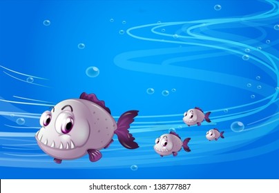 Illustration of the four piranhas under the sea