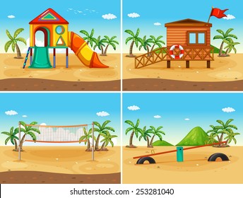 Illustration of four play station on the beach