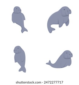 Illustration of four playful cartoon manatees in various poses, isolated on white
