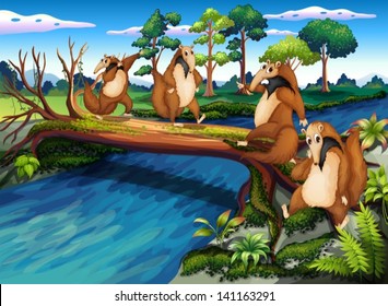 Illustration of the four playful wild animals crossing the river