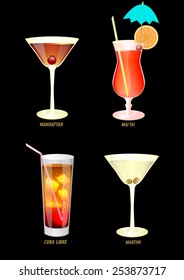 illustration of four popular cocktails on a dark background.