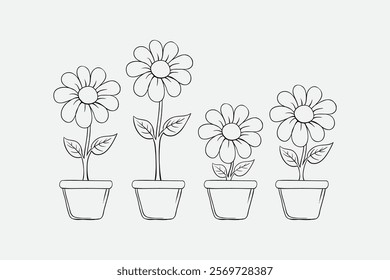 Illustration of four potted flowers arranged side by side with daisy-like blooms. Ideal for coloring pages, floral-themed designs, or artwork emphasizing minimalistic and hand-drawn floral motifs.