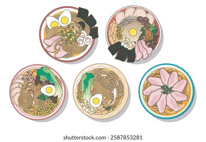 Illustration of four ramen bowls with different ingredients, including eggs, pork, seaweed, and vegetables, representing traditional Japanese cuisine.