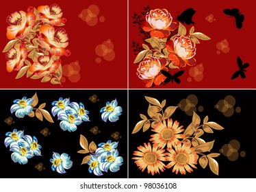 illustration with four red and black flower decorations