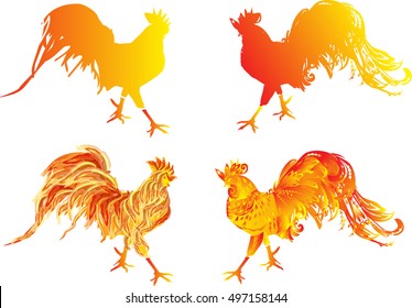 illustration with four red flame roosters as animal symbol of Chinese New year 2017 isolated on white background