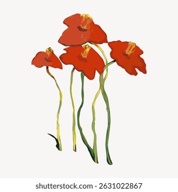 Illustration of four red flowers with green stems. Red flowers stand tall. Vibrant red petals. Red flowers with delicate yellow accents. Artistic floral design. Vintage art illustration vector.