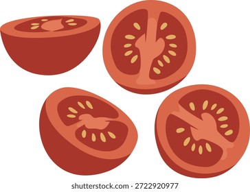 Ilustración de cuatro tomates rojos, uno entero y tres cortados a la mitad, mostrando semillas sobre un fondo blanco.