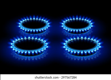 illustration of four ring stoves with blue flame on darkness