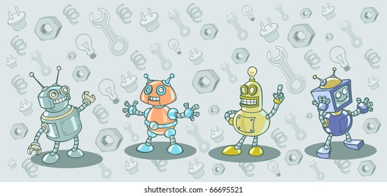 Illustration of four robots in a cartoon style on the background of different tools