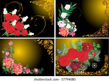 illustration with four rose decorations on dark background