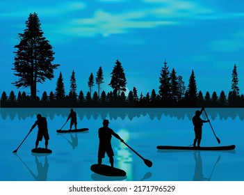 illustration with four rowing men on paddle board near dark forest