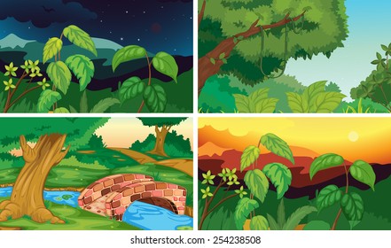 Illustration of four scenes of forests