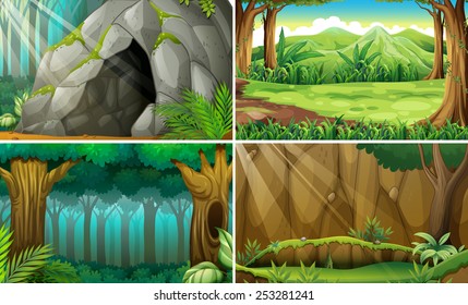Illustration of four scenes of forests and a cave