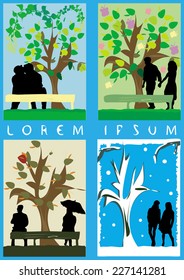 An illustration of four seasonal images, with silhouettes of a couple in different situations. Space for text.