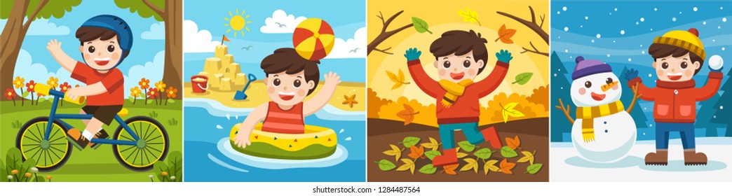 Illustration Of Four Seasons And Weather. A Cute Boy Playing In Different Seasons.