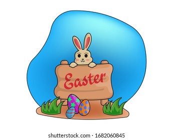 illustration four sets of cute bunny climbing up information boards between eggs easter and grass