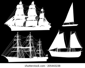 illustration with four ship silhouettes isolated on black background svg